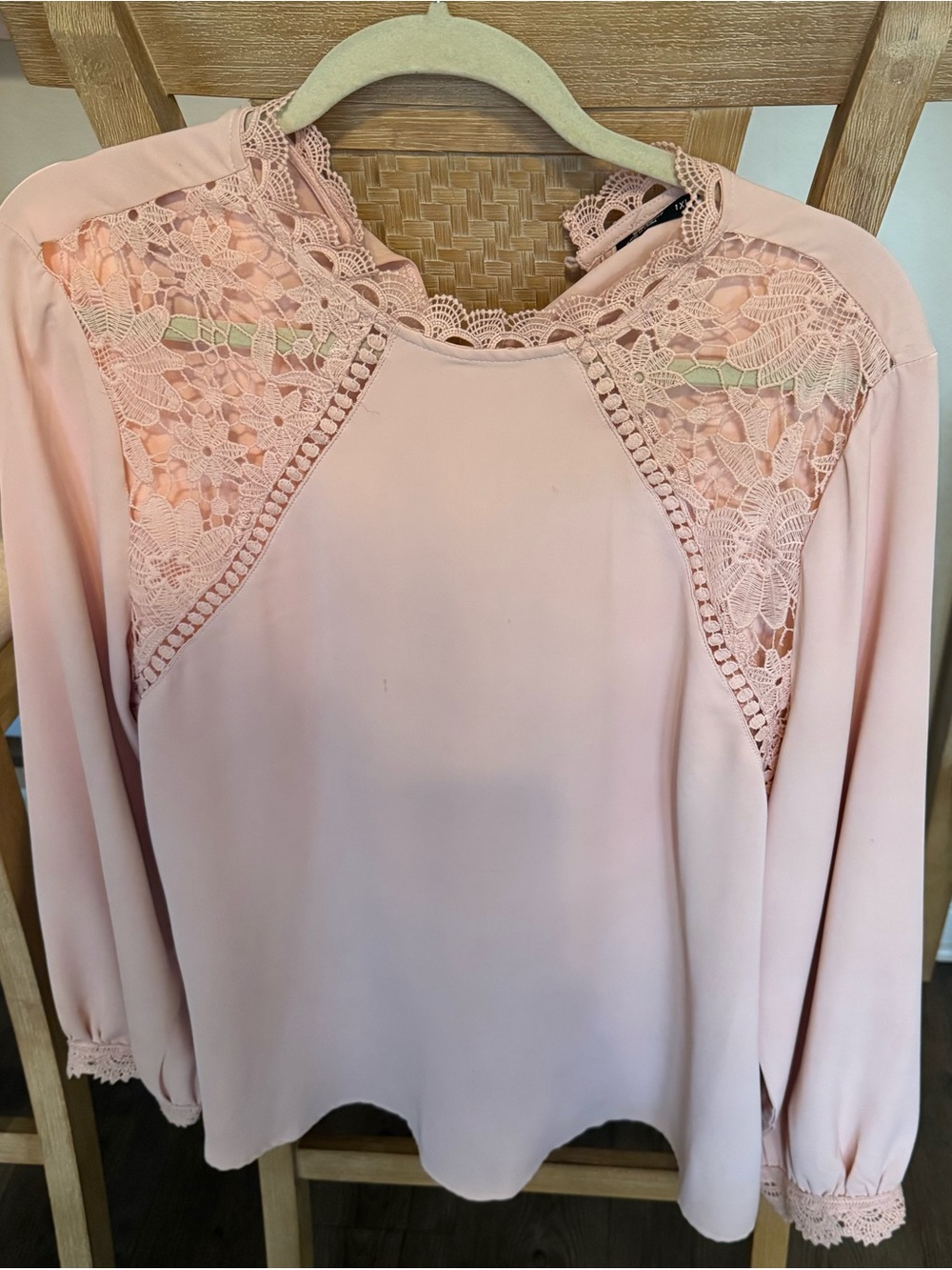 SHEIN Blush Pink Lace-Inset Long Sleeve Blouse